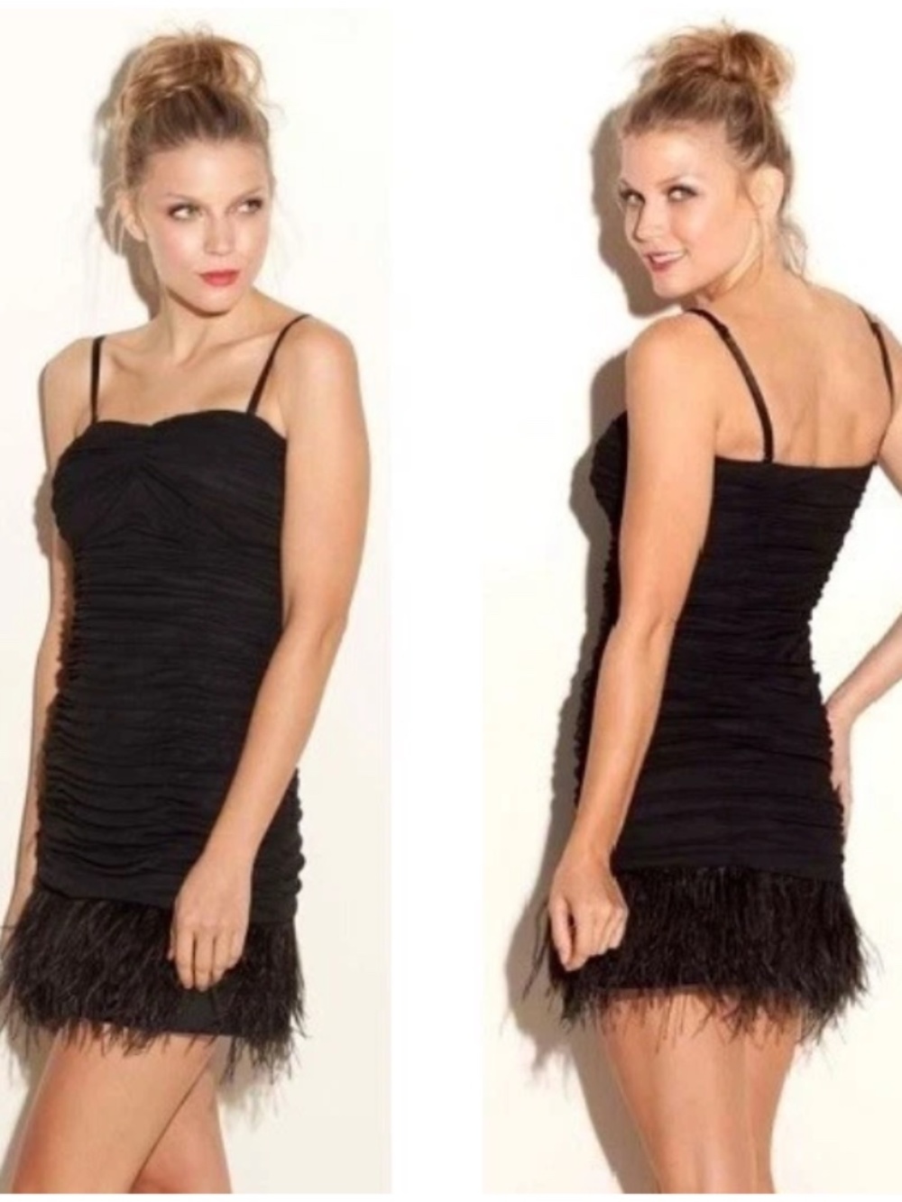 $160 NEW Guess black bustier ruched feather straps Skirt top Dress 0 XS
